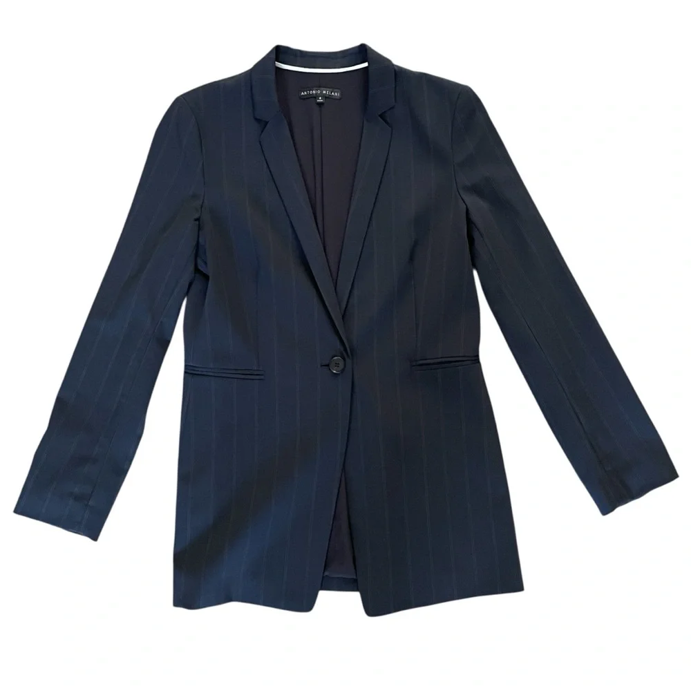ANTONIO MELANI Navy Blue pin stripe long Blazer single breasted wool Sz: 8 NWOT - Picture 4 of 10